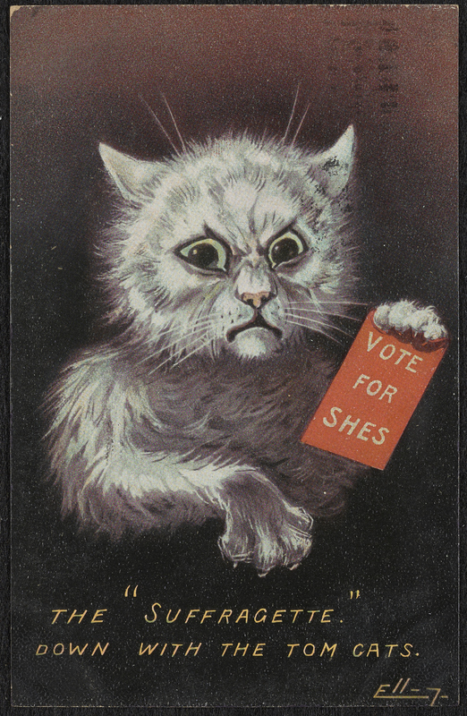 Angry cat on vintage women's sufferage poster